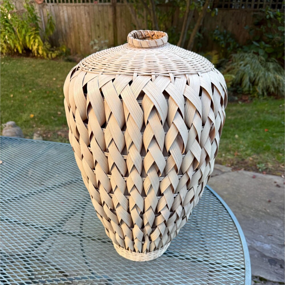 Large Vintage Woven Palm and Rattan Urn Shape Basket Vase